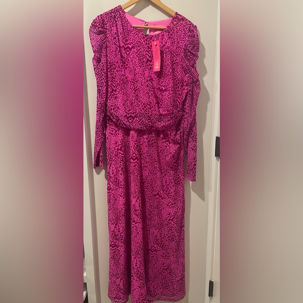 NWT Lilly Pulitzer Preslie Mesh Midi Dress in Cerise Pink Pattern Play in XL